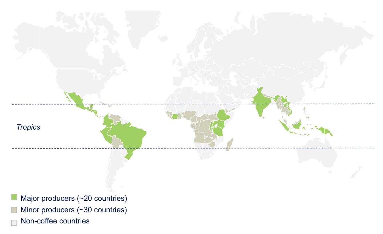 Coffee grows in a belt around the tropics